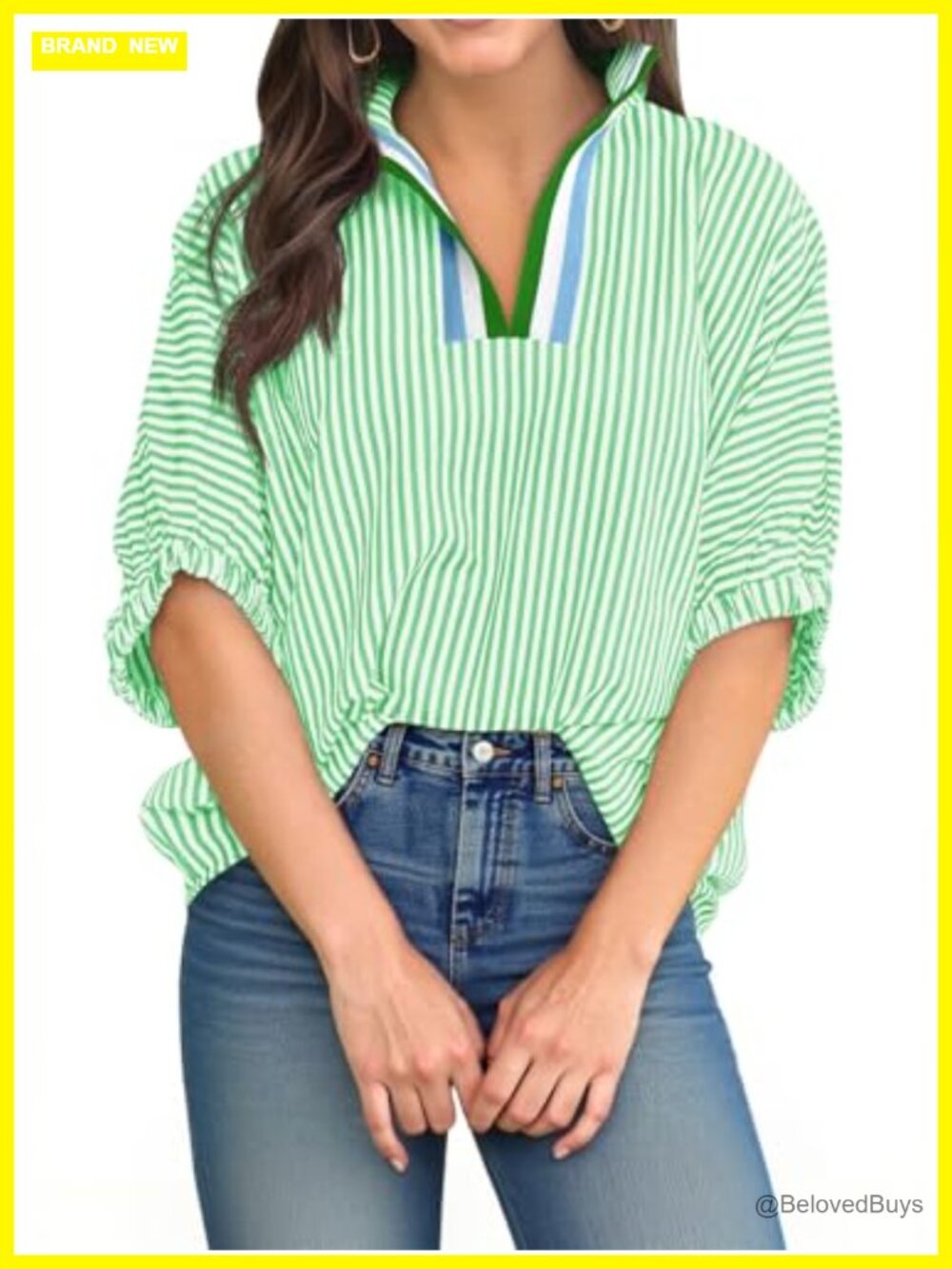 Womens V Neck Striped Dolman Puff Sleeve Blouse Summer Top
